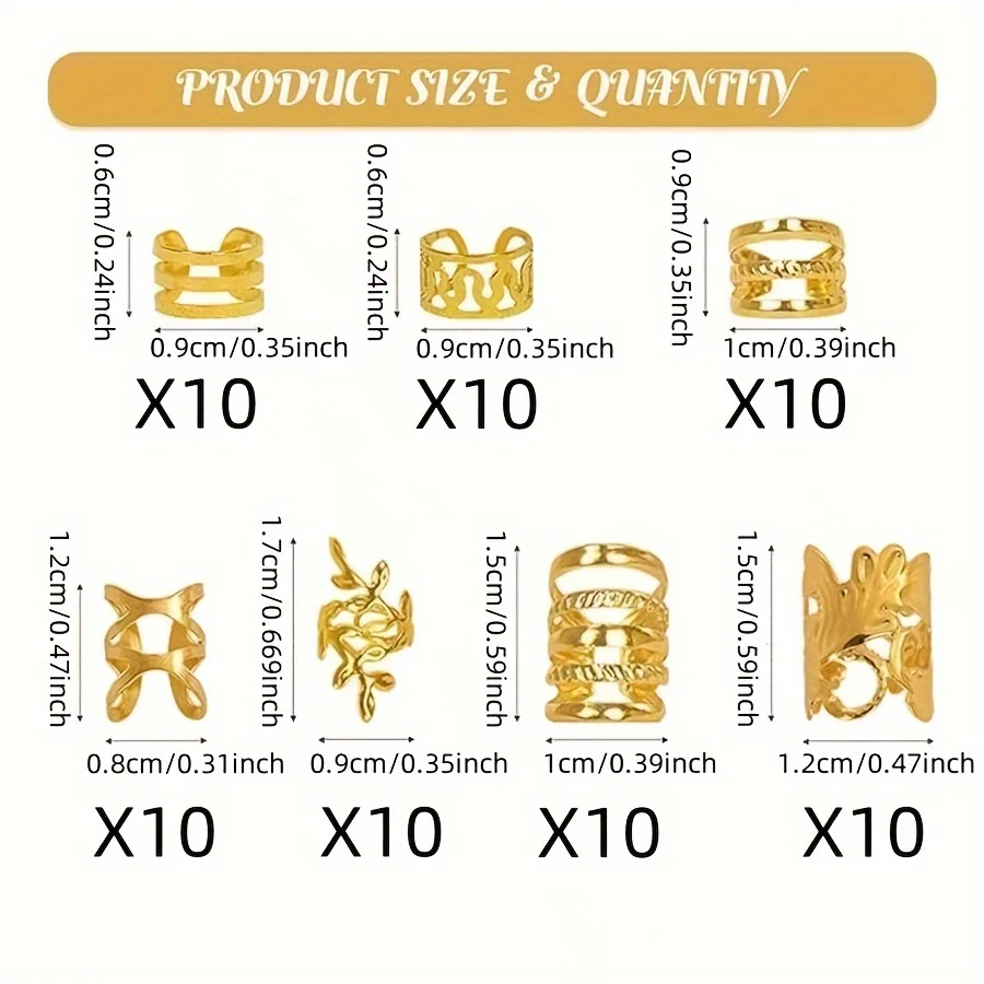 70Pcs Alloy Hair Beads & Braiding Rings, Adjustable Accessories