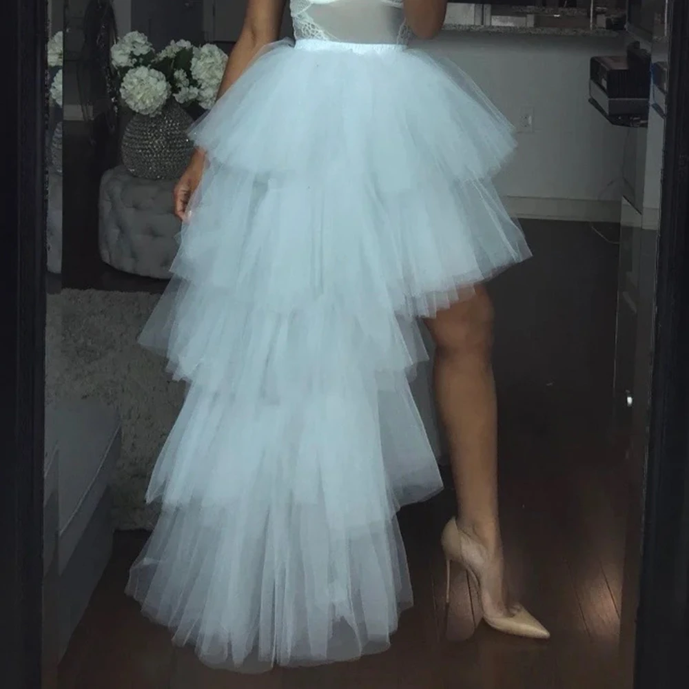 BABYONLINE White High Low Tutu Skirts Women's Elastic Waist Tulle Layered Princess Petticoat Long Tiered Skirt for Wedding Party