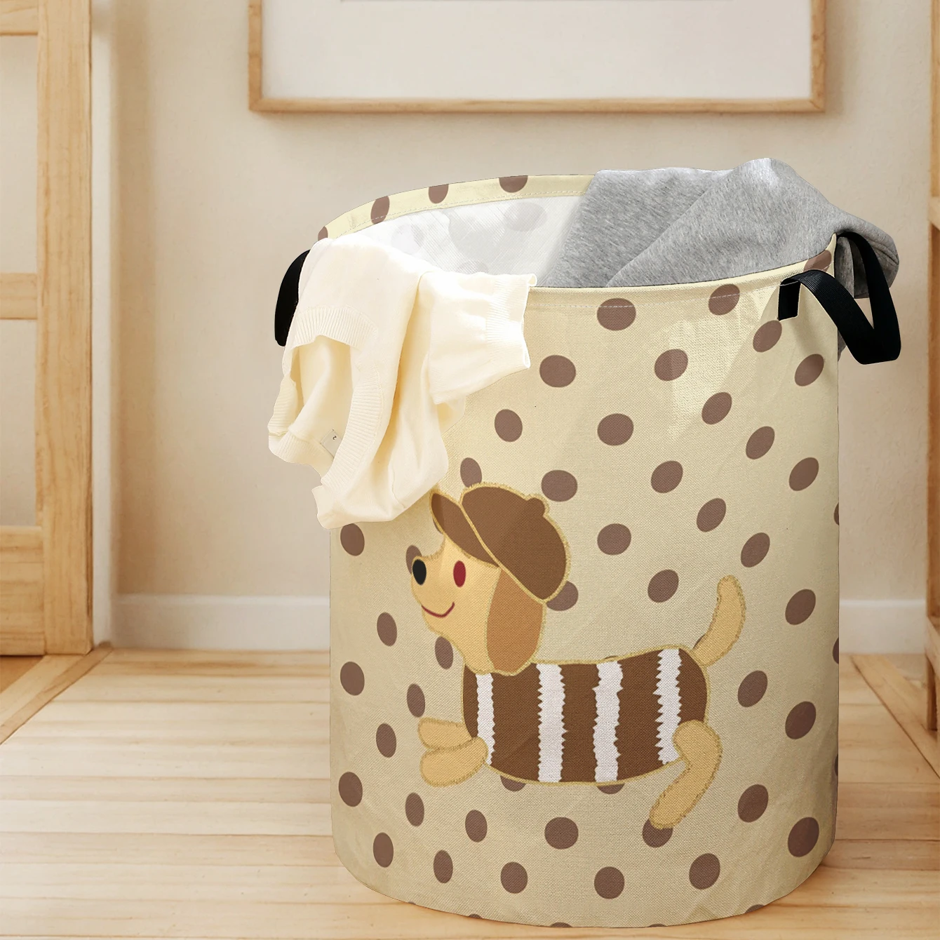 Cute Dachshund Dog Polka Dot Print Foldable Large Capacity Storage Bucket, Children's Toy and Clothing Storage, Home Bathroom