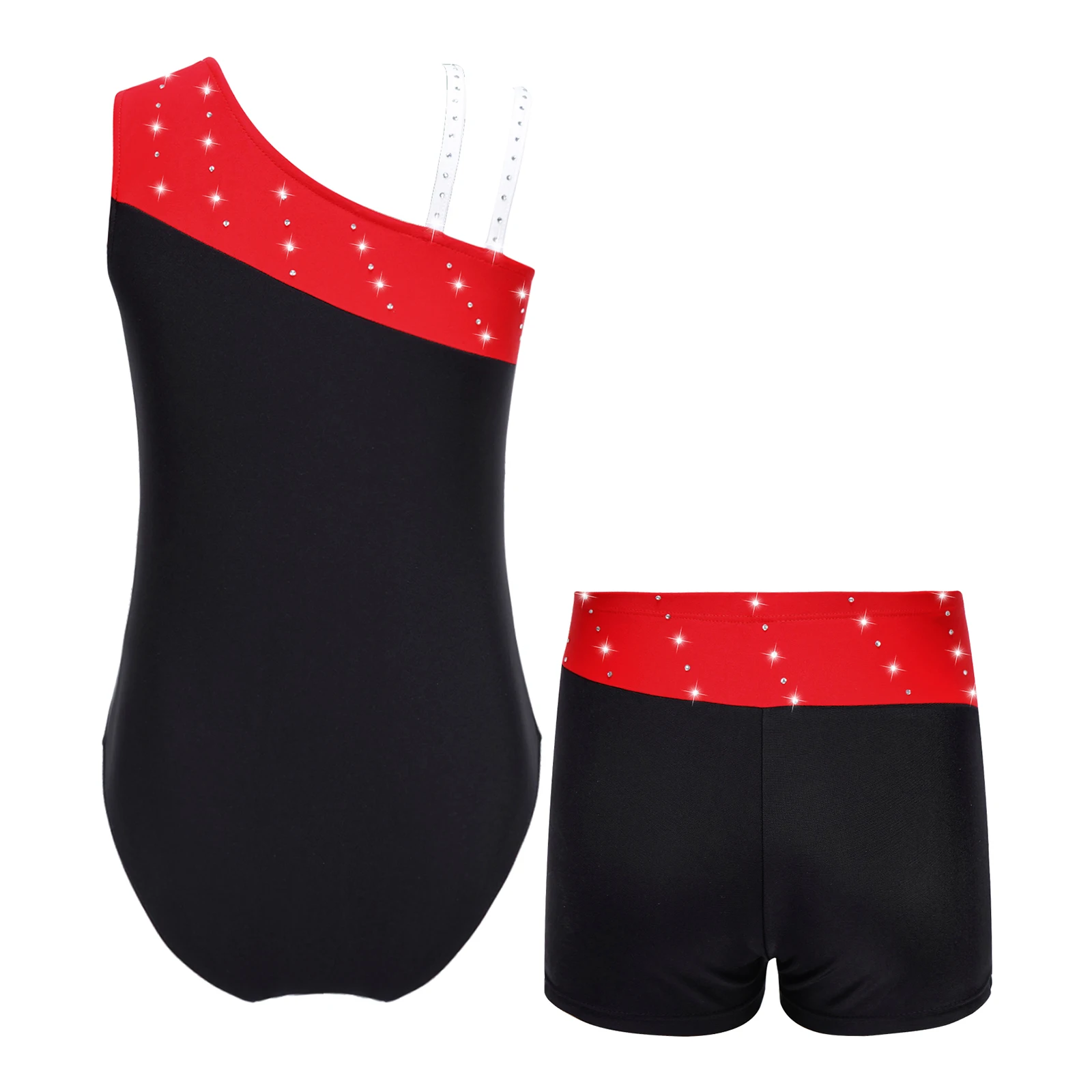 Kids Girls Rhinestone Tight Fitting Jumpsuit with Shorts Gymnastics Figure Skating Dance Costume Ballet Jersey Leotard Dancewear