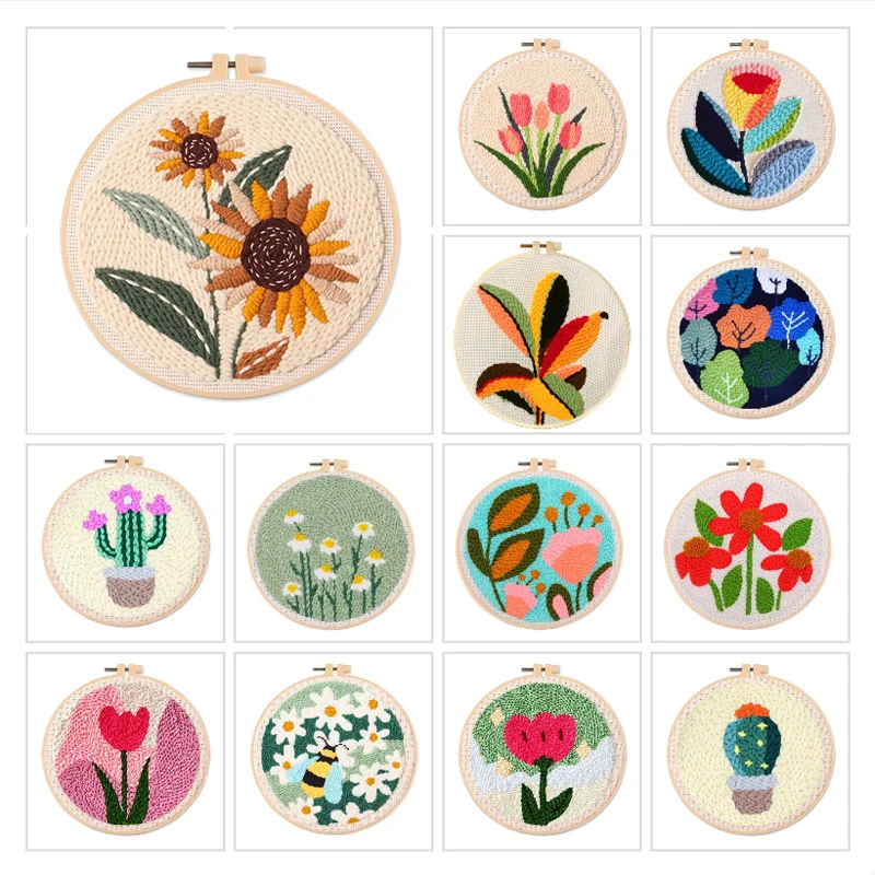 

Flower Punch Needle Kit Embroidery Hoop Art Beginner Tool with Punch Needle Fabric, Hoops, Yarns and Sewing Needles Craft Kit Gi