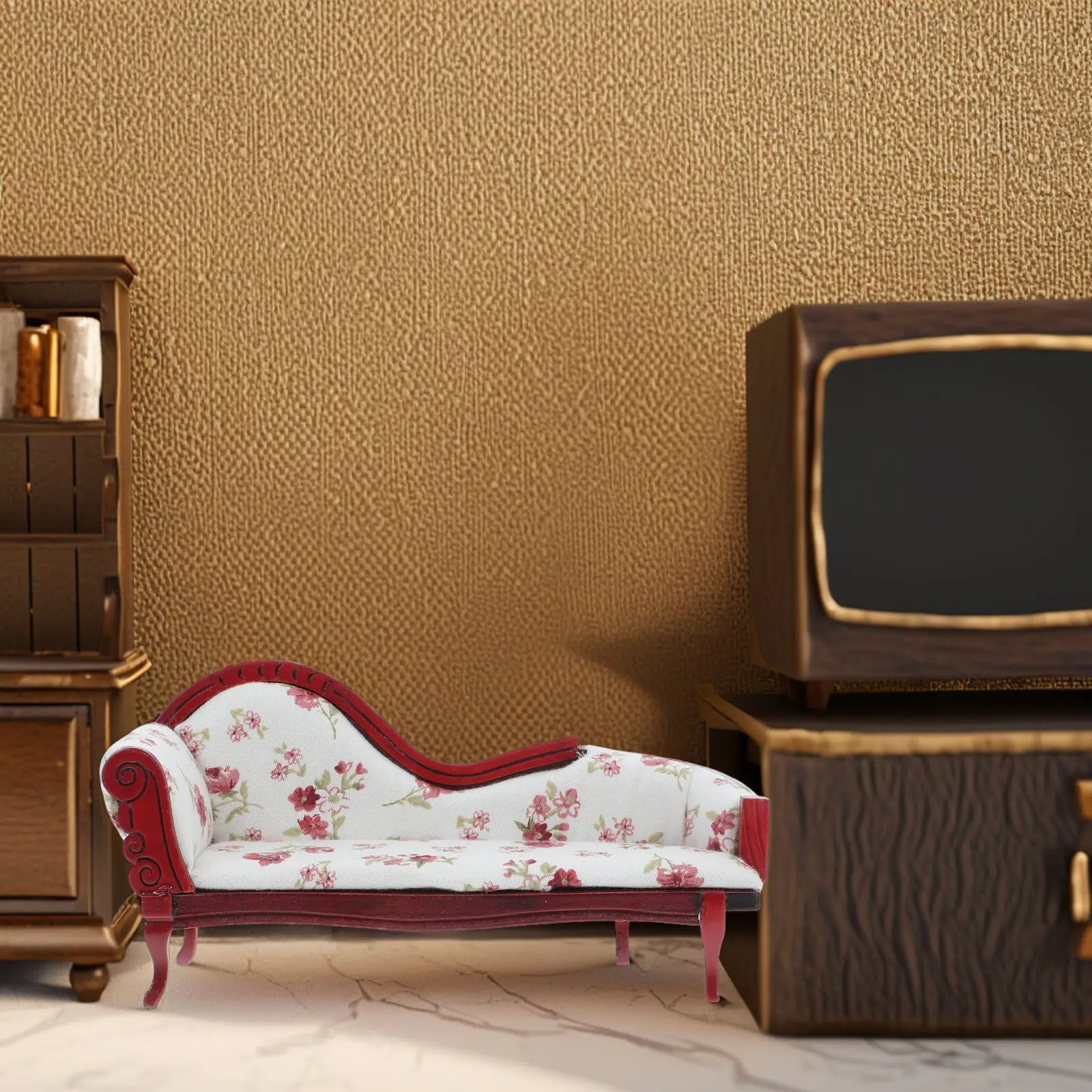 

1:12 Scale Floral Mini Settee Vintage Style Miniature Couch Wooden Frame Dollhouse Living Room Furniture Collection Decoration