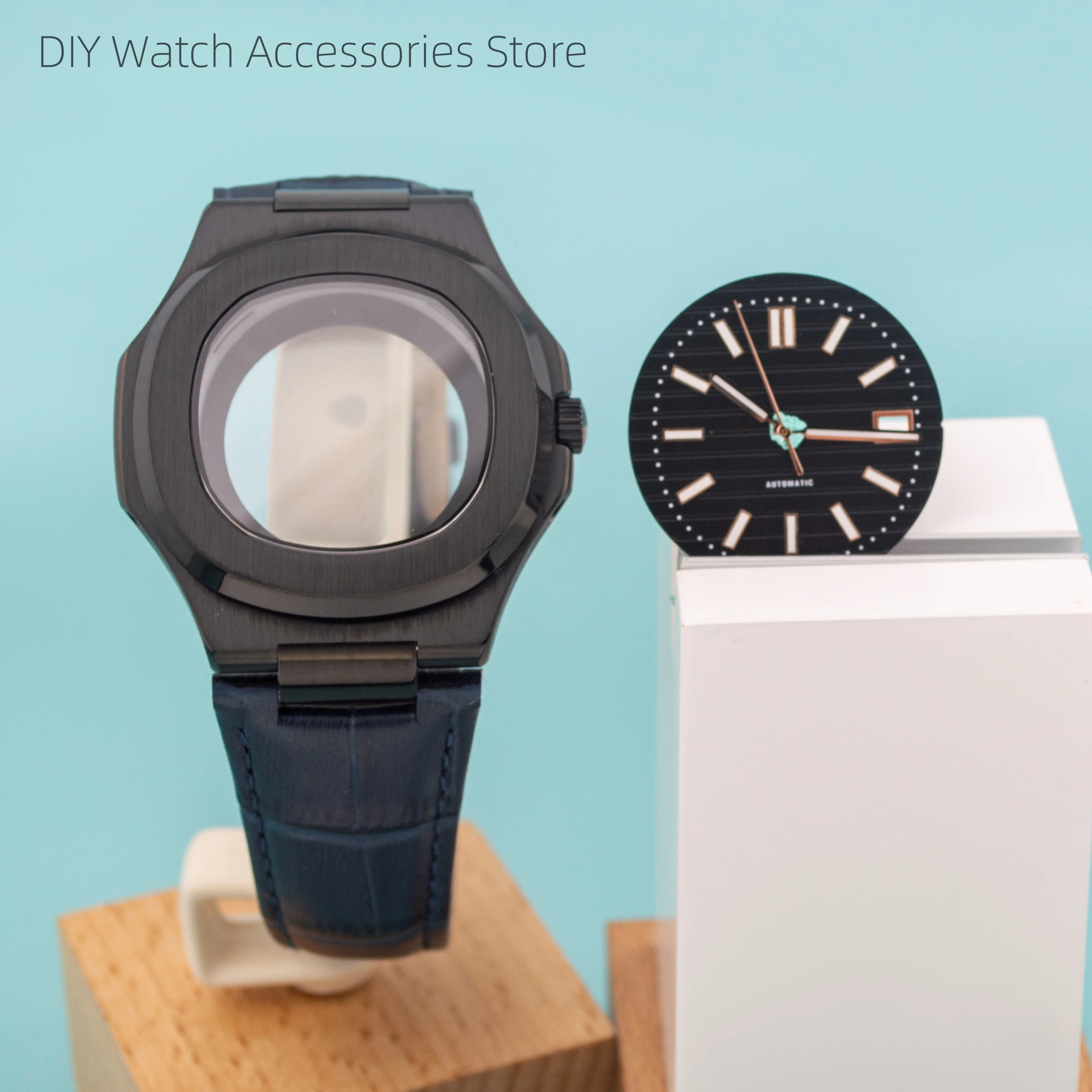 41mm Watchcase PVD Black Stainless Steel Case Genuine Leather Strap For Nautilus NH35 Automatic Movement Parts Replacements