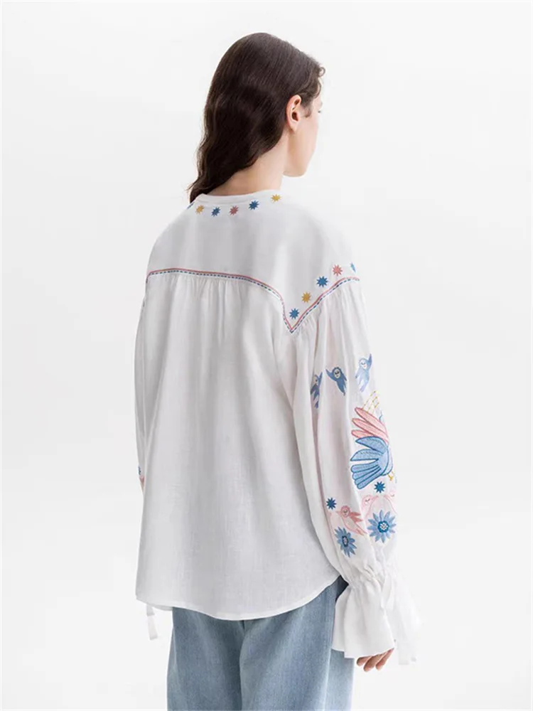 Ladies O-Neck Lace Up Lantern Sleeve Loose Blouse Angel Flowers and Birds Embroidery Women's French Shirt 2024 New Autumn