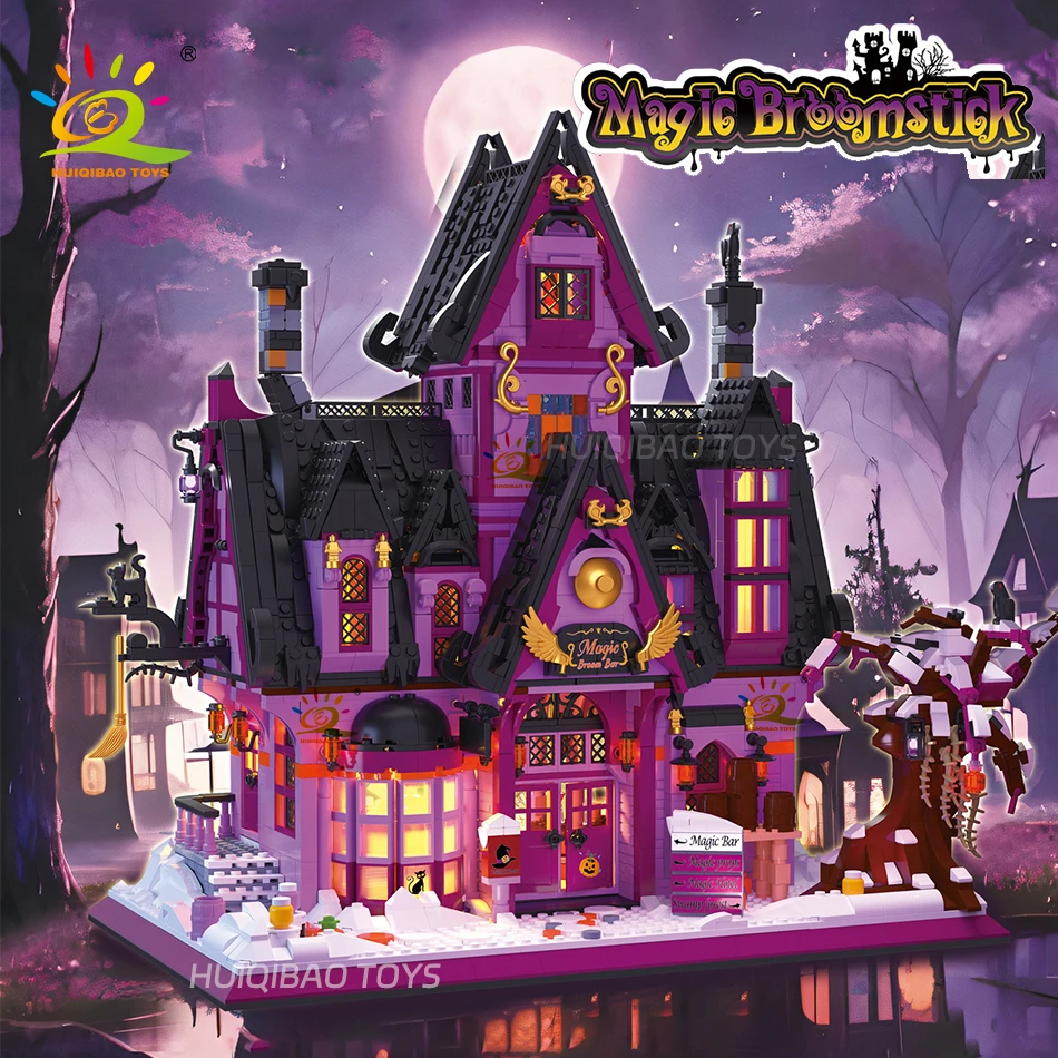 HUIQIBAO Halloween Witch House Wizard Bar Magic Shop Micro Model Building Block City DIY Store Assembly Brick Toys for Children