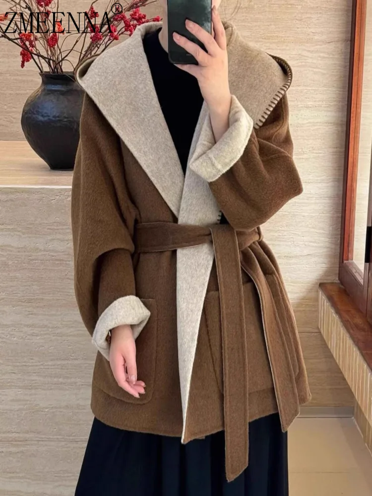 

ZMEENNA Women's Wool Blend Short Coat With Oversized Hood And Lapel Belted Brown Casual Elegant Outerwear ZM3624