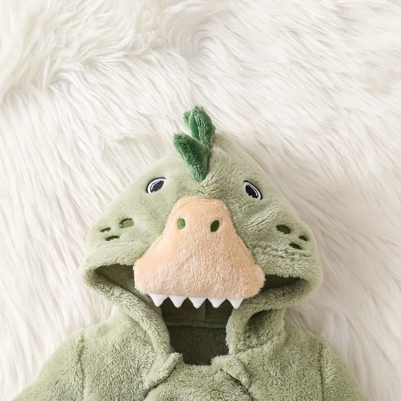 Newborn Infant Baby Boy Girl Green Dino Hooded Romper Plush Fleece Jumpsuit with Pocket Teeth Cute Winter Costume 0 24M