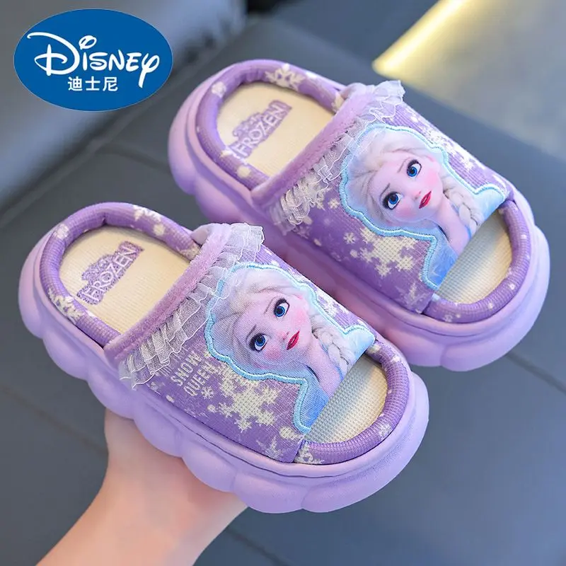 Disney Spring and Autumn children's linen slippers Elsa Princess girls home four seasons breathable baby floor slippers