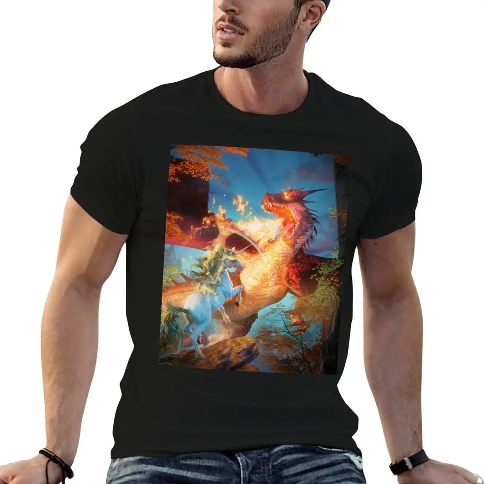 

Dragon and the Unicorn Battle T-Shirt customizeds vintage anime shirt anime shirts men