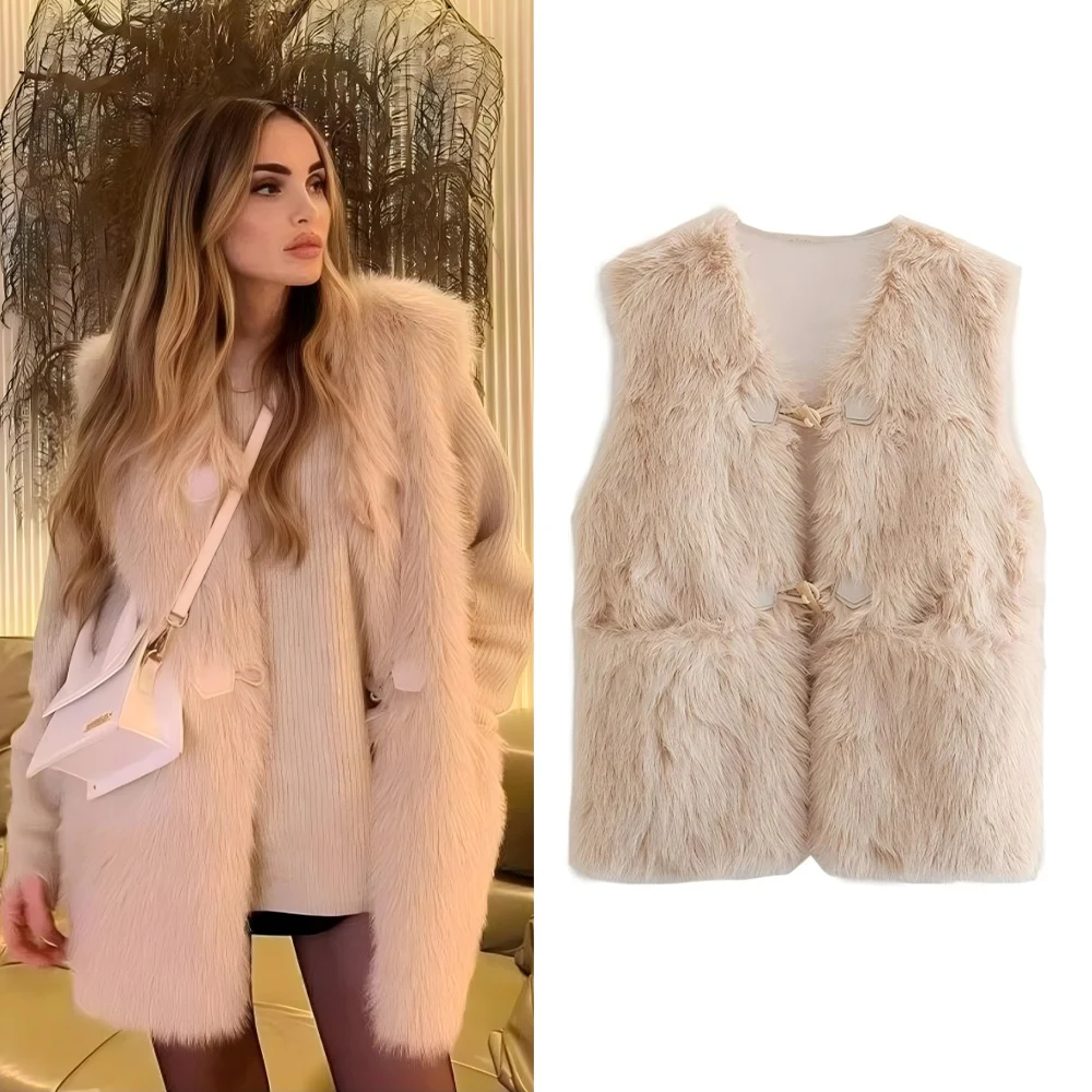 

Women's new fashion loose long style Artificial Fur Faux Leather warm vest sleeveless cow horn buckle women's vest chic top