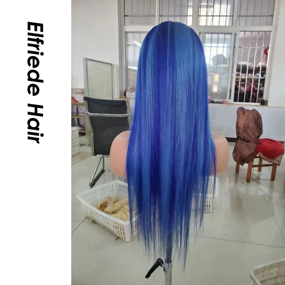 Elfriede # Blue Highlight Rechte Kanten Pruiken Voor Vrouwen Kant Pruik 4X4 13X4 13X6 Hd Lace Frontale Pruik 100% Remy Human Hair Pruiken