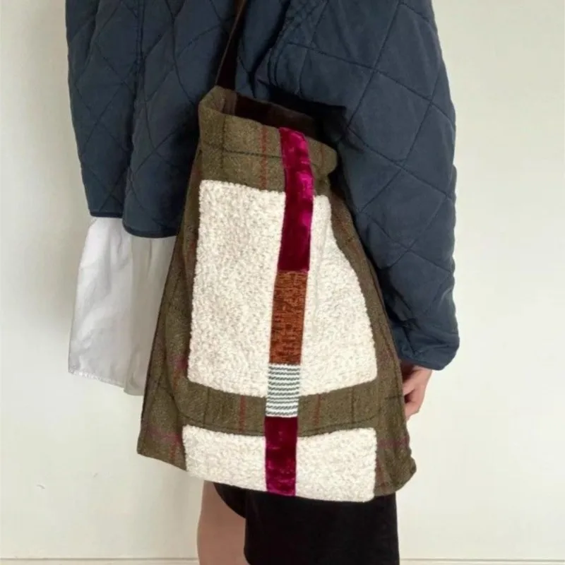 Vintage Marled Check Tote Bag Women Patchwork Large Capacity Canvas Shoulder Bag Ladies Harajuku Commute Versatile Underarm Bags