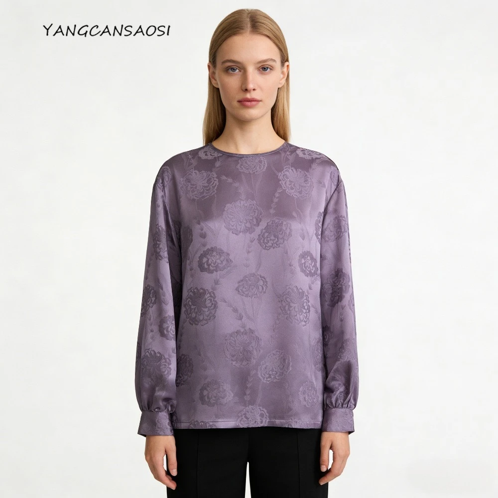 

2025 женская весенняя одежда, элегантная фиолетовая футболка из 100% натурального шелка шелковицы, жаккардового атласа, дышащая футболка с круглым вырезом и длинными рукавами