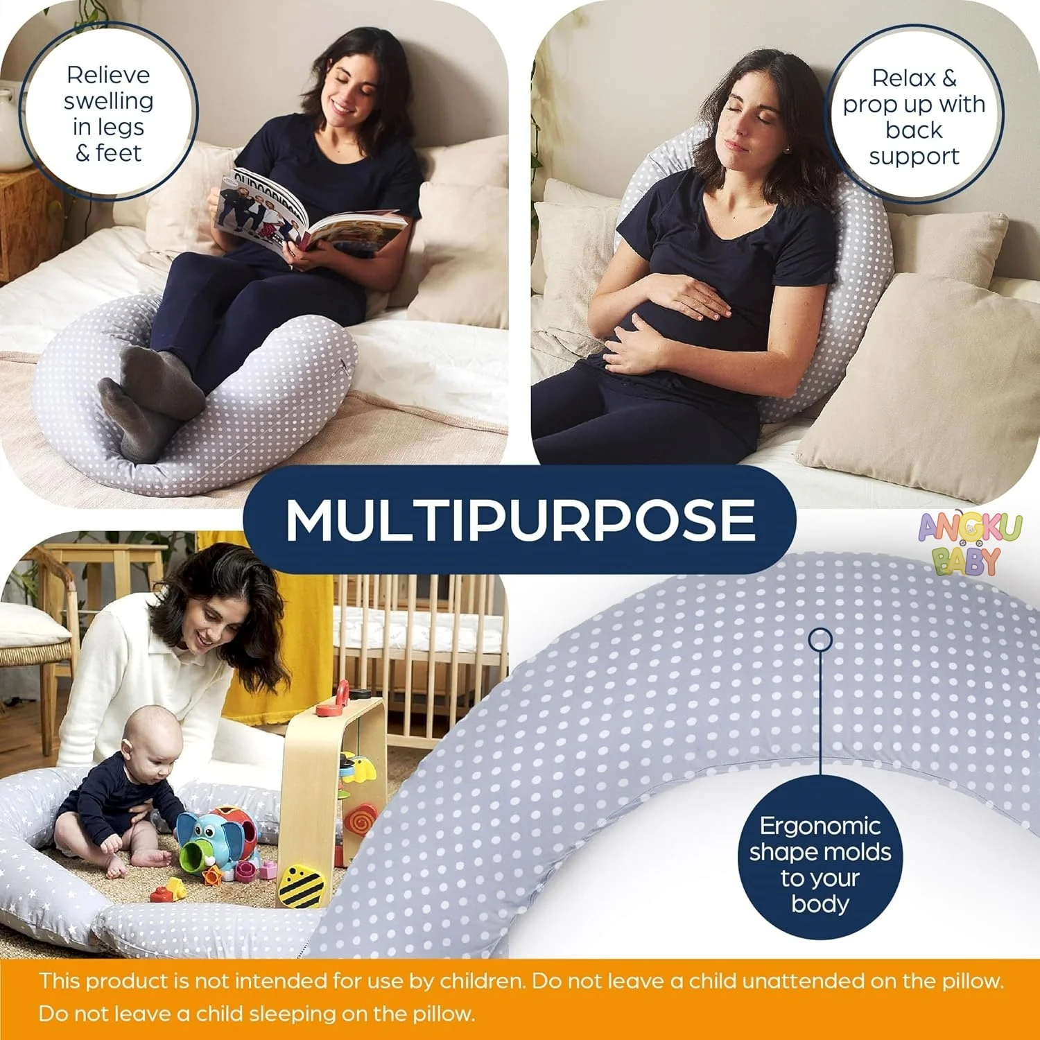 Almohada de embarazo de 71 pulgadas y almohada de alimentación de bebé con funda extraíble, almohada de lactancia 100% de algodón, almohada de maternidad lavable a máquina