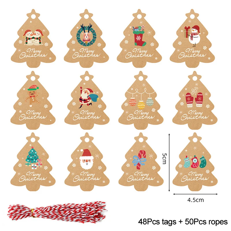 48/50Pcs Merry Christmas Kraft Paper Tags DIY Handmade Gift Wrapping Paper Labels Santa Claus Hang Tag Ornaments New Year Decor