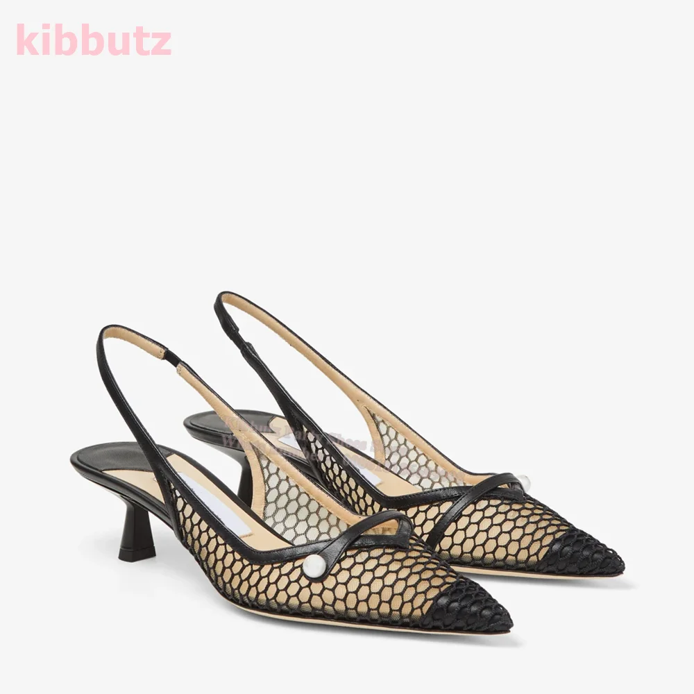 Mesh Pointed Toe Kitten Heel Pumps Slip-On Shallow Patent Leather Solid Black Fashion Elegant Sexy Women Sandal Shoe 2023 Newest