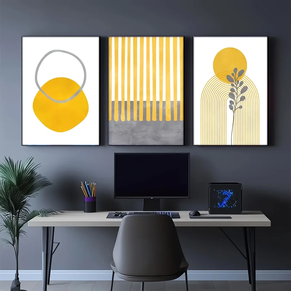 3pcs of Mustard Yellow and Gray Geometric Abstract Art, Modern Floral Art, Living Room, Bar, Home and Dormitory Wall Decorations