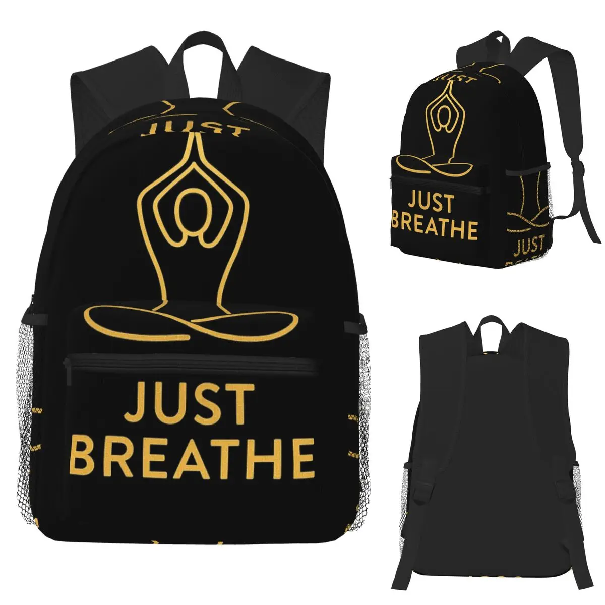 

Just Breathe Golden Meditating Pose Minimal Zen Student Backpack School Bag Daypack for Men Women Fashion Bookbag Shoulder Bags