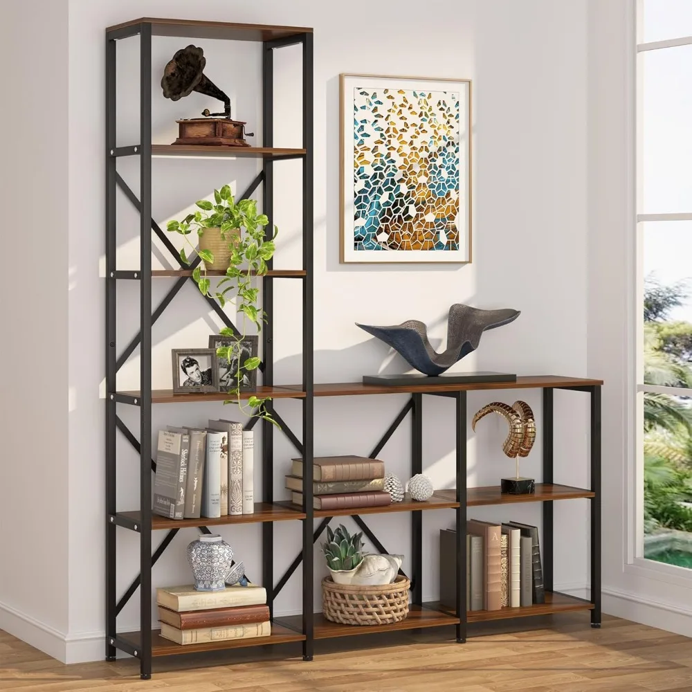 9 Shelves Bookshelves, Industrial Ladder Corner Etagere Bookcase, Rustic 6-Tier Display Open Shelf Storage Organizer for Living