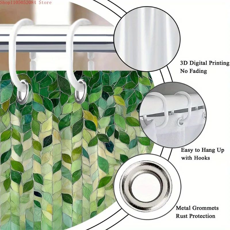 1pc abstract green leaves shower curtain vertical mosaic  -   With Hooks Waterproof Mildew Proof Easy Install Washable - view 5
