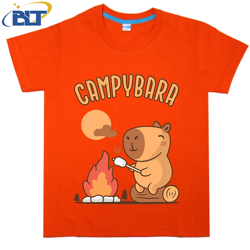 Campybara-camiseta estampada fofa para crianças, algodão, manga curta, tops casuais para meninos e meninas, verão