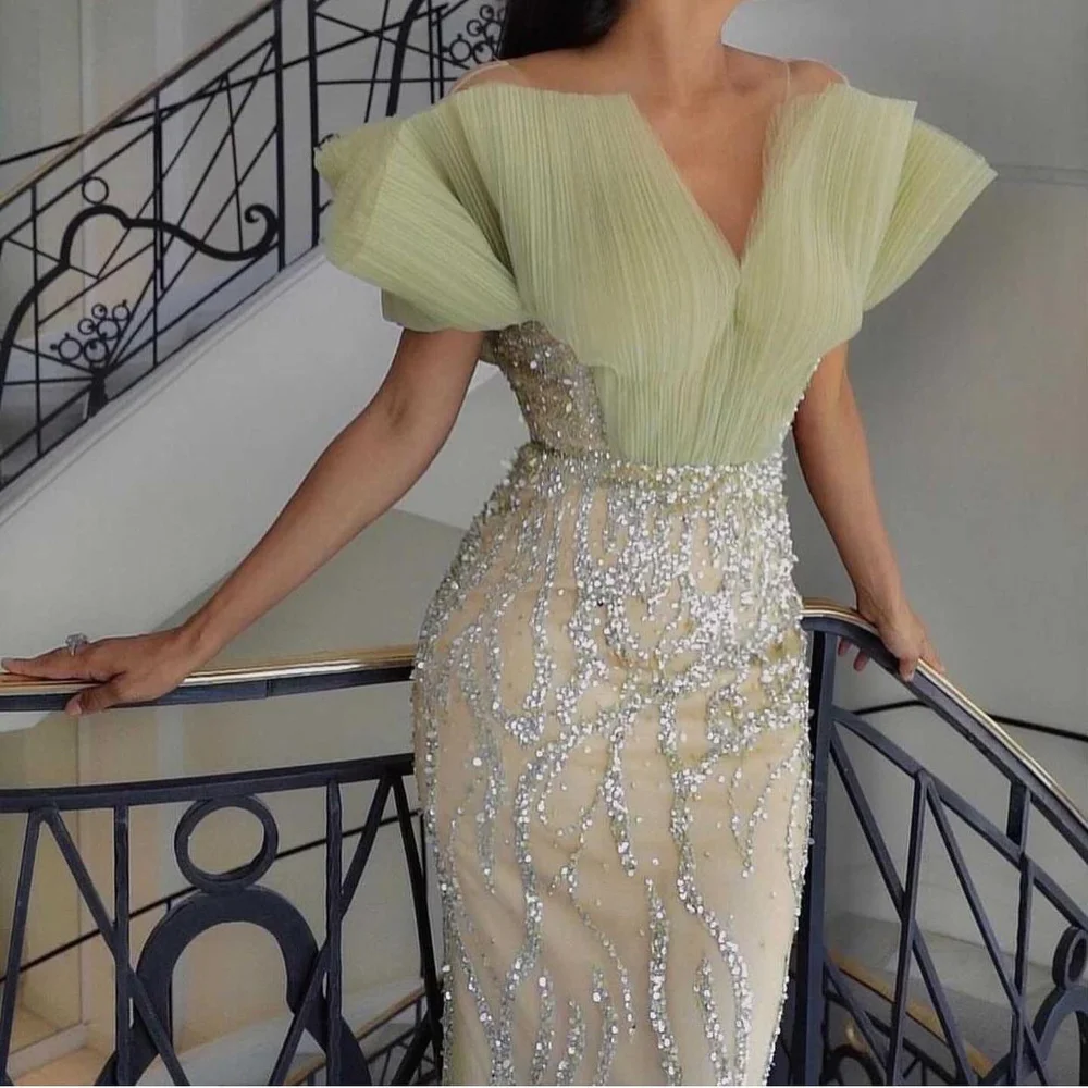 Amanda Nobility Champagne Trumpet فساتين سهره فاخره2023 Sequin Prom Dresses Elegantly Floor Lenght Deep V Vestidos De Noche