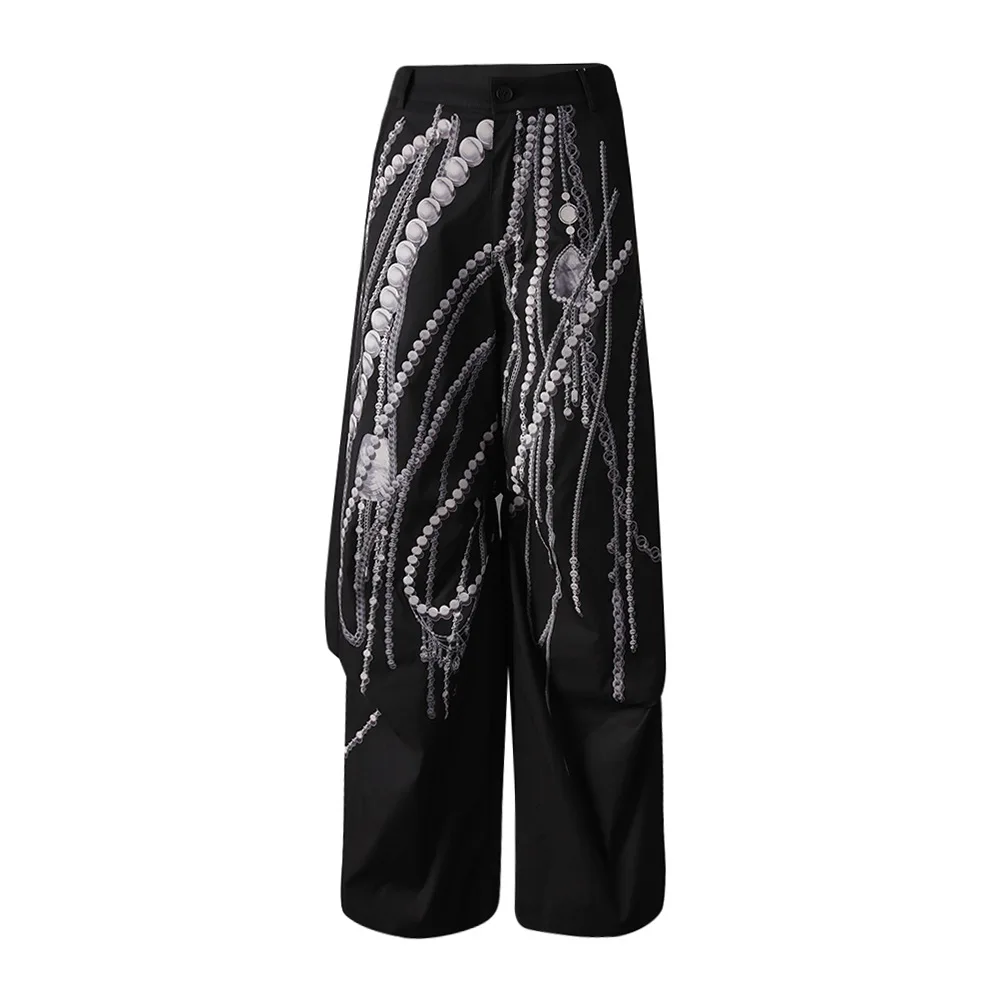 TWOTWINSTYLE Street Fashion Spliced Pearl Chain Printed Pants for Women High Waist Loose Design Casual Wide Leg Pant Female New
