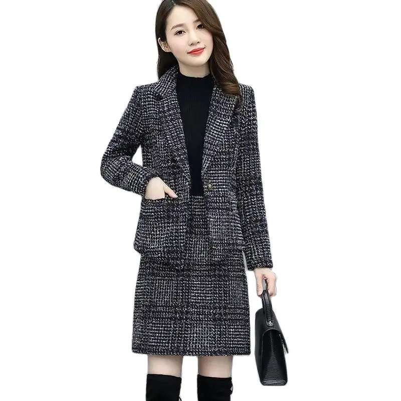 2023 Fashion Autumn Woolen Plaid Winter Two-piece Suit Women Casual Sets Short Blazers Jacket Coat Sheath Skirts 2-piece Sets