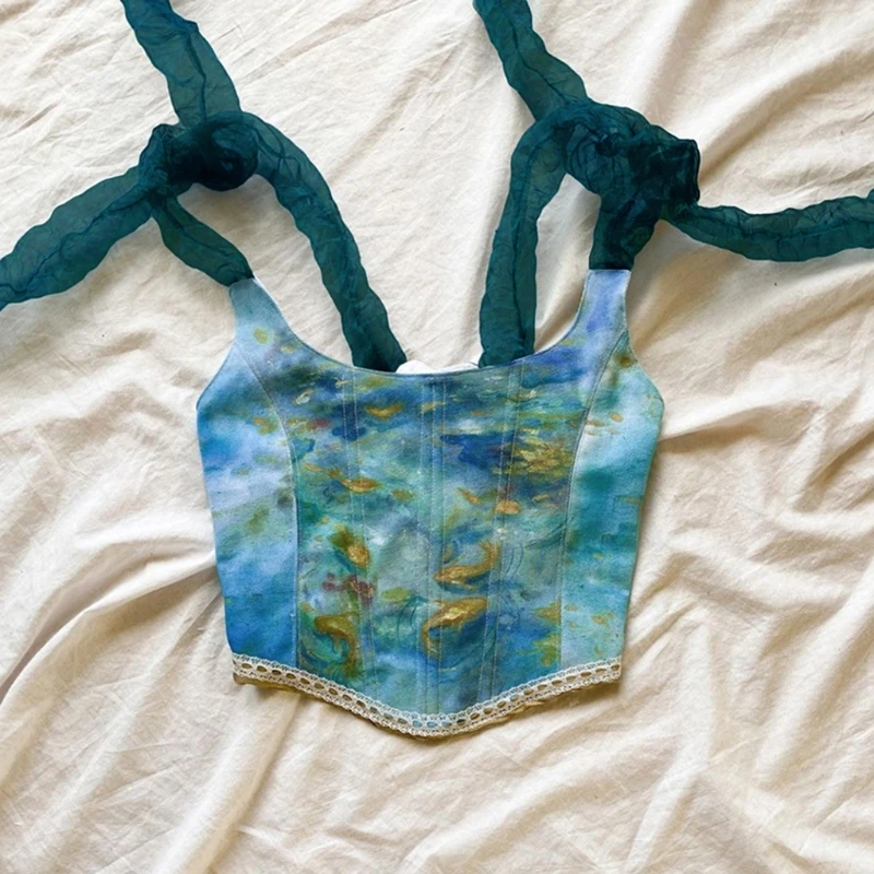 Corsé con cinta para mujer, Top corto, Sexy, con cordones, pintura óleo, chaleco tipo corpiño delgado
