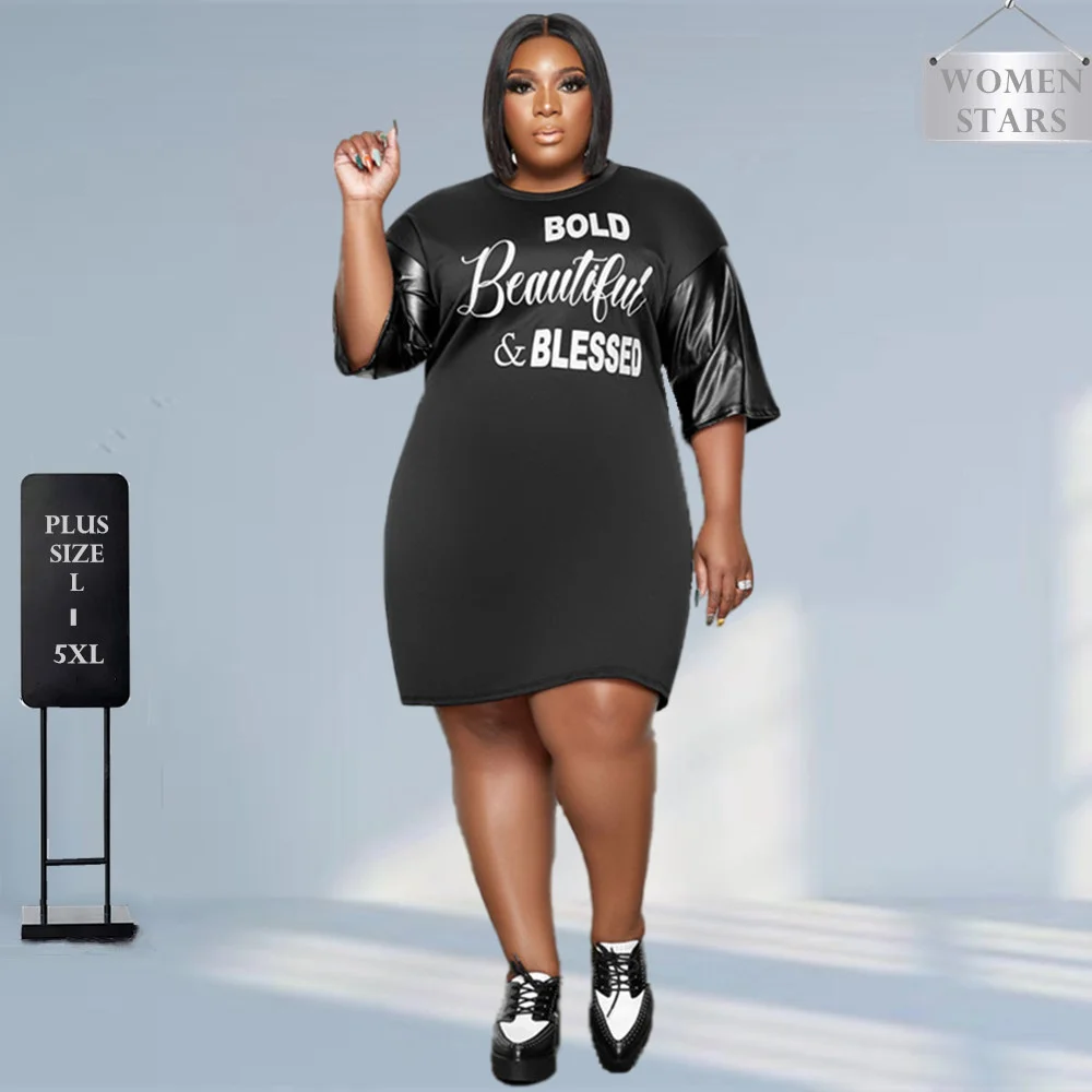 Plus Size Women\'s Clothing Dresses for Women Letter Print O Neck Loose Fashion Mini Dress 5xl Women 2022 Wholesale Drop Shipping