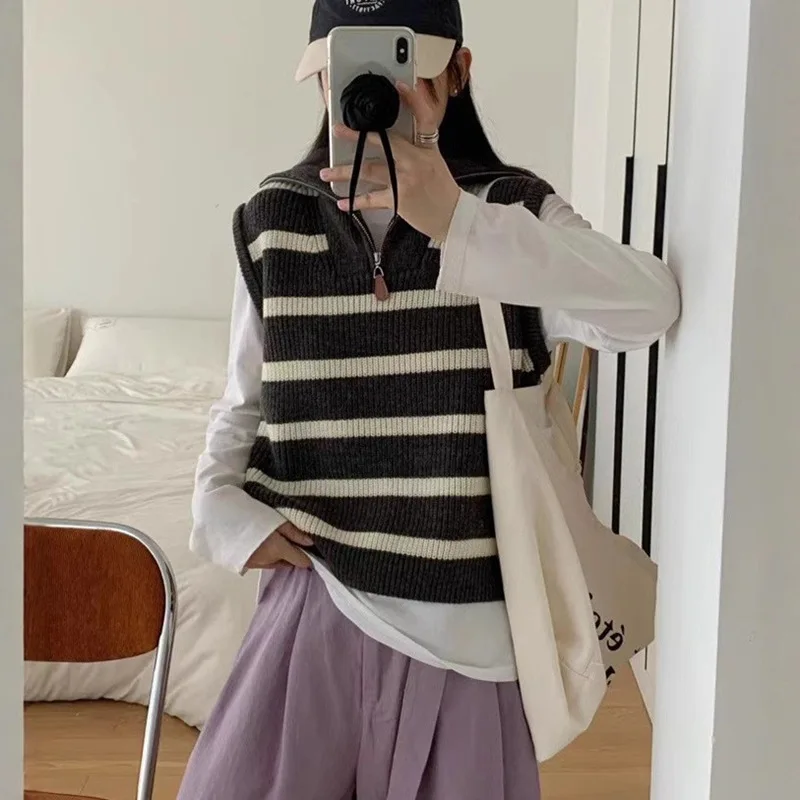 Striped Half-zipper Pullover Sleeveless Sweater Women's Autumn New Knitted Vest Vest Top