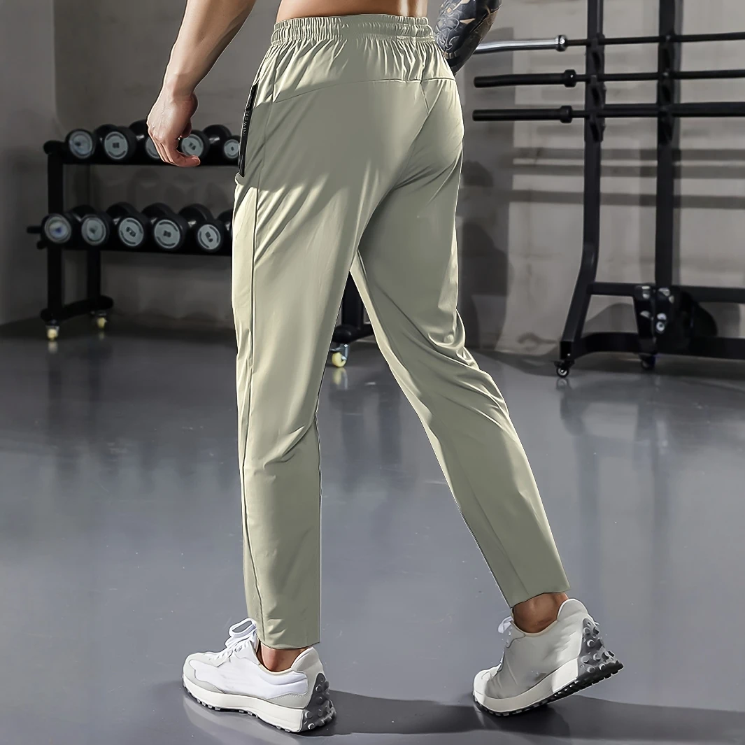 [Home Relaxation] Men's Casual Sports Pants, High Stretch Woven Fabric, Solid Color, Regular Fit with Drawstring Waist and Zippe