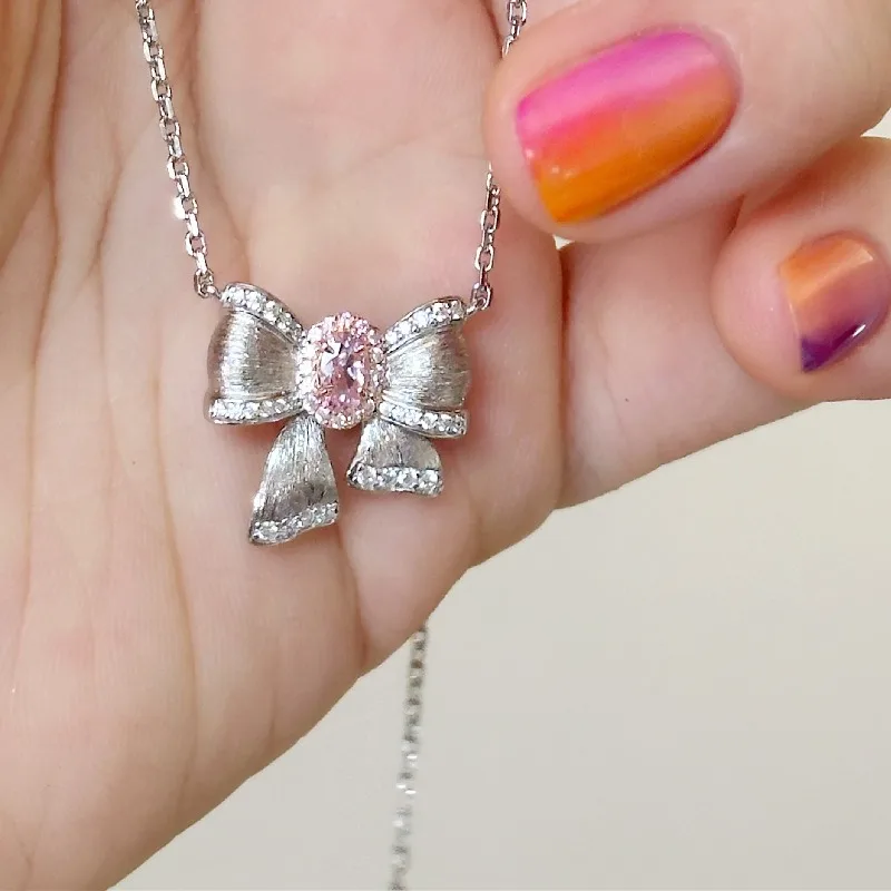 

Sweet Style 925 Silver Asymmetric Bowknot Necklace for Women Pink Crystal Light Luxury High Quality Clavicle Chain Jewelry