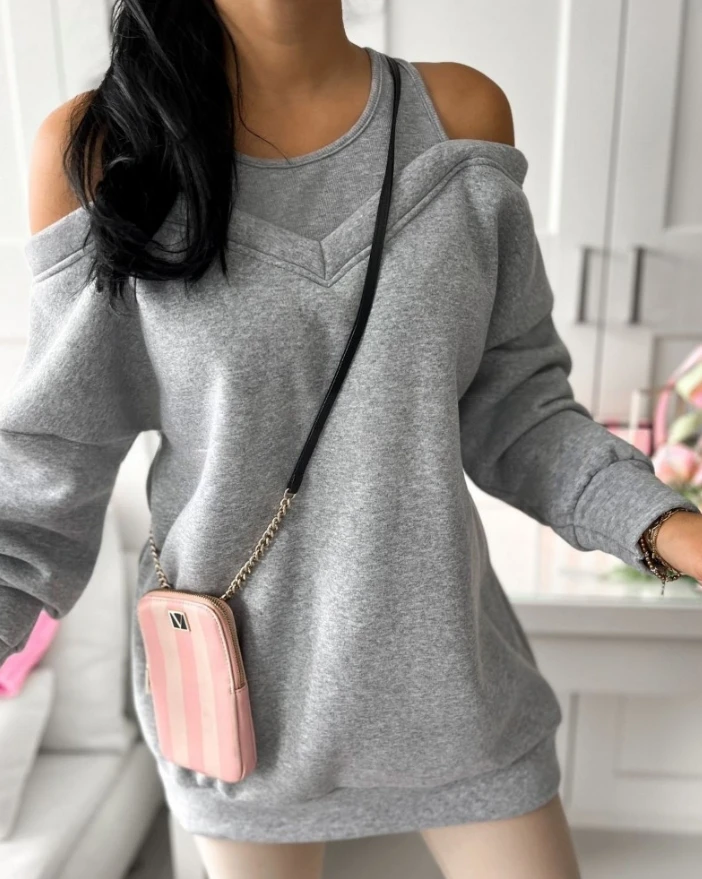 

Women Clothing Streetwear Autumn Solid Color Cold Shoulder Long Sleeve Sweatshirt Pullover Casusal Loose Straight Mini Dress