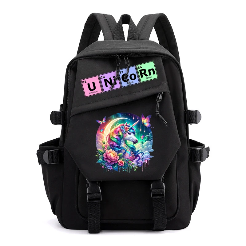 Mochila Unicorn Print para meninas, bolsa estudantil do campus, bolsa casual preta para crianças, presente de volta à escola