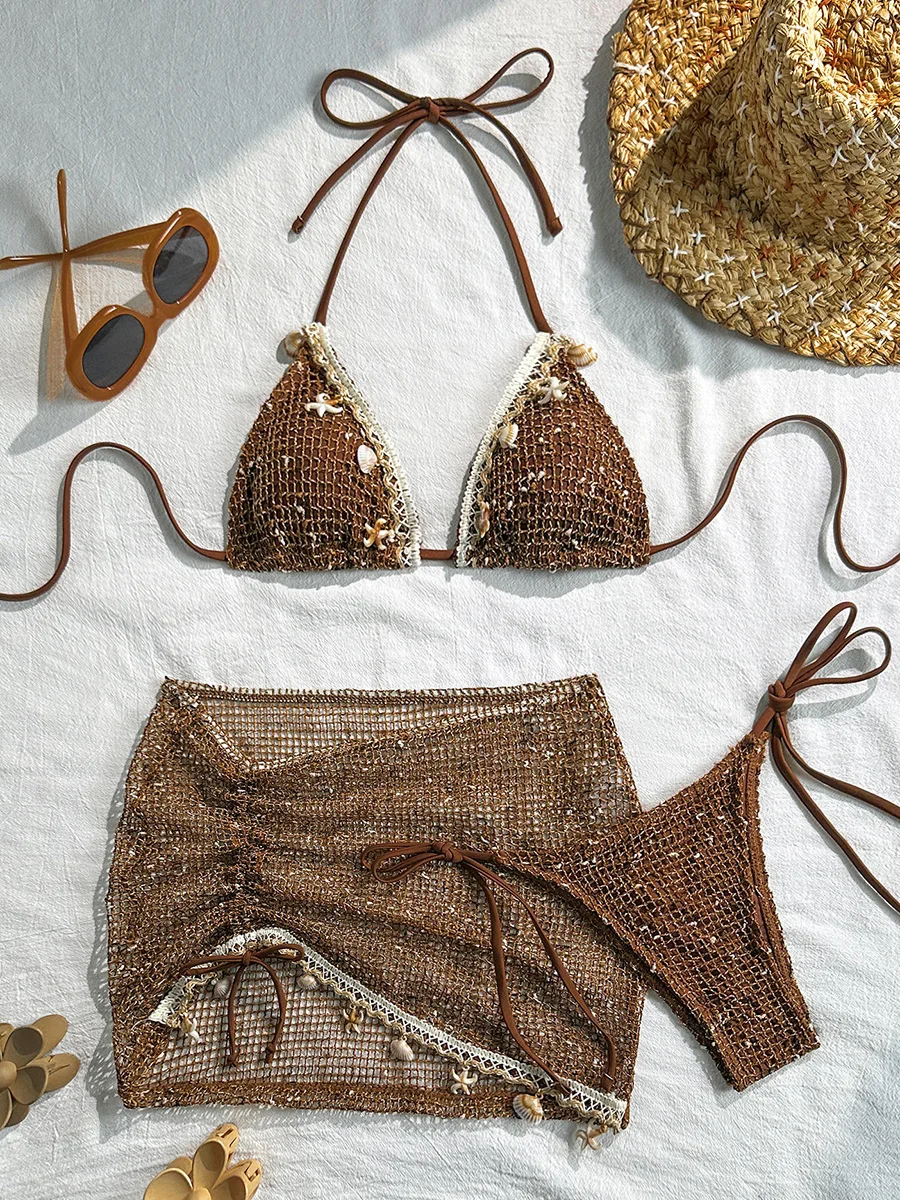 With Crochet Sarong Skirt Halter Bikini Female Swimsuit Women Swimwear Three-piece Bikini Set Shell Bathing Suit Swim Beachwear