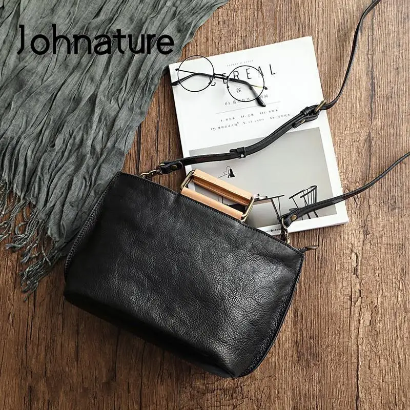 Johnature Handmade Natural Cow Leather Women Bag 2024 New Simple Retro Handbag Large Capacity Solid Color Shoulder Bags