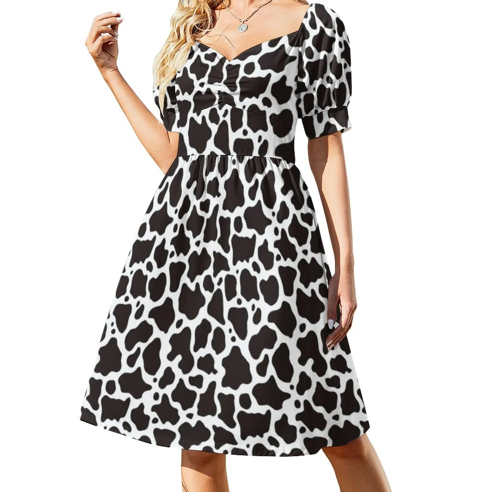 Cow Pattern Dress Sexy V Neck Black Spots Print Modern Dresses Ladies Street Wear Printed Oversize Casual Dress Birthday Present