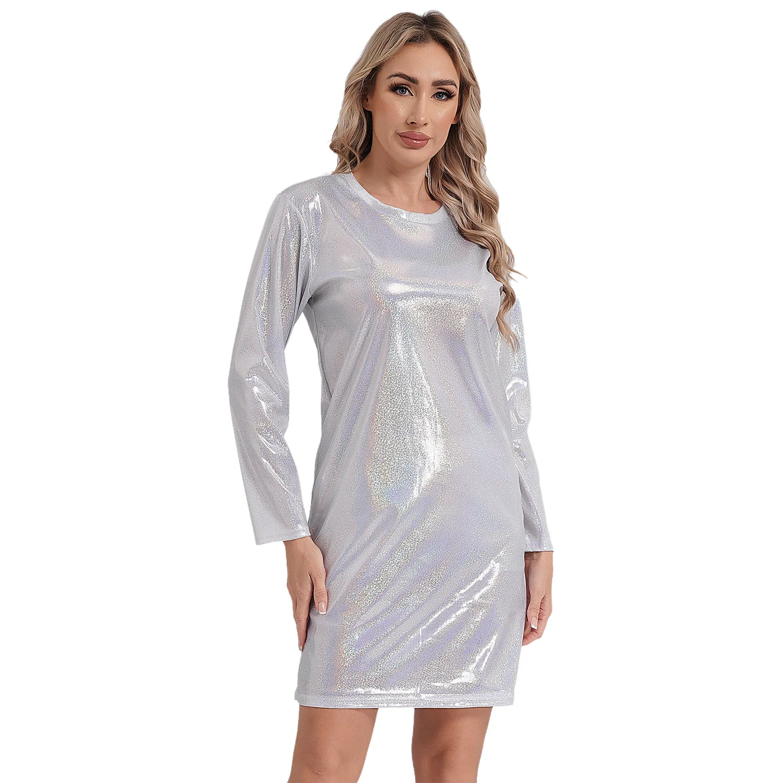 Summer Tight T Shirt Dress Pencil Bodycon Dress Femme Tight Bodycon Shiny Dress for Nightclub Music Festival Dance Performance