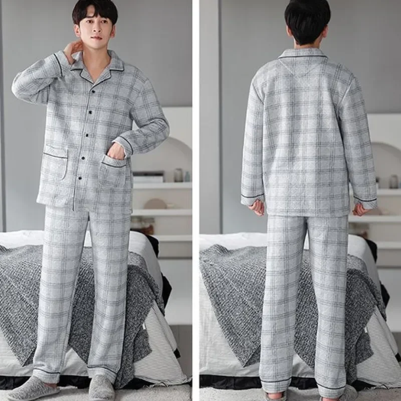 2025 New Pajama Men Autumn Winter Cotton Padded Sandwich Long-sleeved Loungewear Air Cotton Warm Homewear Suit V-neck Sleepwear