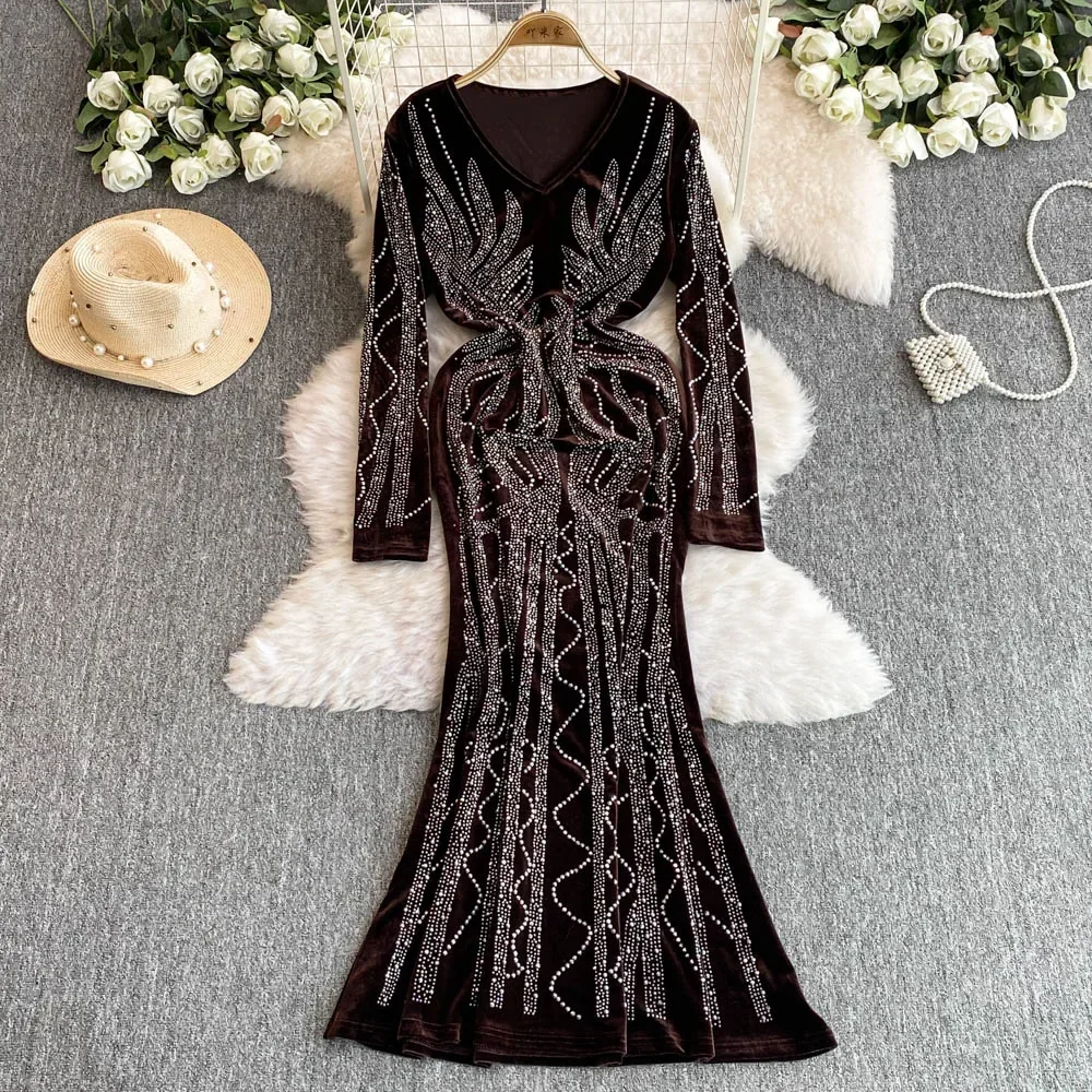 Sexy Bodycon Long Sleeve V Neck Glitter Rhinestone Velvet Dress Chic Elegant Vestidos Autumn Women Fashion Trumpet Long Dress