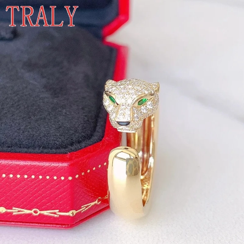 Anelli con testa di leopardo in argento sterling 925 per le donne Fedi nuziali alla moda con mezzo diamante Regali per feste di gioielli color oro bianco \ rosa