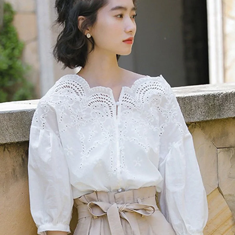 Elegant Ruffled Neck Lace Hollow Out Button Oversized Lantern Sleeve Chic Shirt Summer Loose Commute Tops Sweet Women\'s Blouse