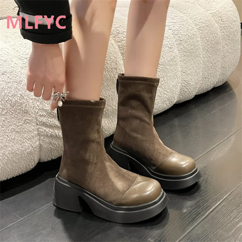 

Women's Short Boots 2023 Autumn/Winter New Thick Sole Thick Heel Women's Fashion Versatile Simple Elastic Boot Mid Sleeve