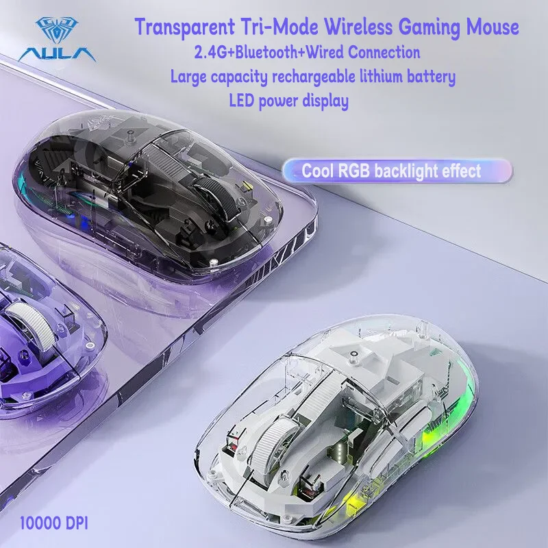 

Transparent Wireless Gaming Mouse 10000DPI 2.4G+Bluetooth+Wired Tri-Mode RGB Backlight Power Display Rechargeable Mice For PC