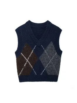 Willshata moda donna Argyle Plaid maglione lavorato a maglia gilet Vintage scollo a v senza maniche donna Chic Lady canotte