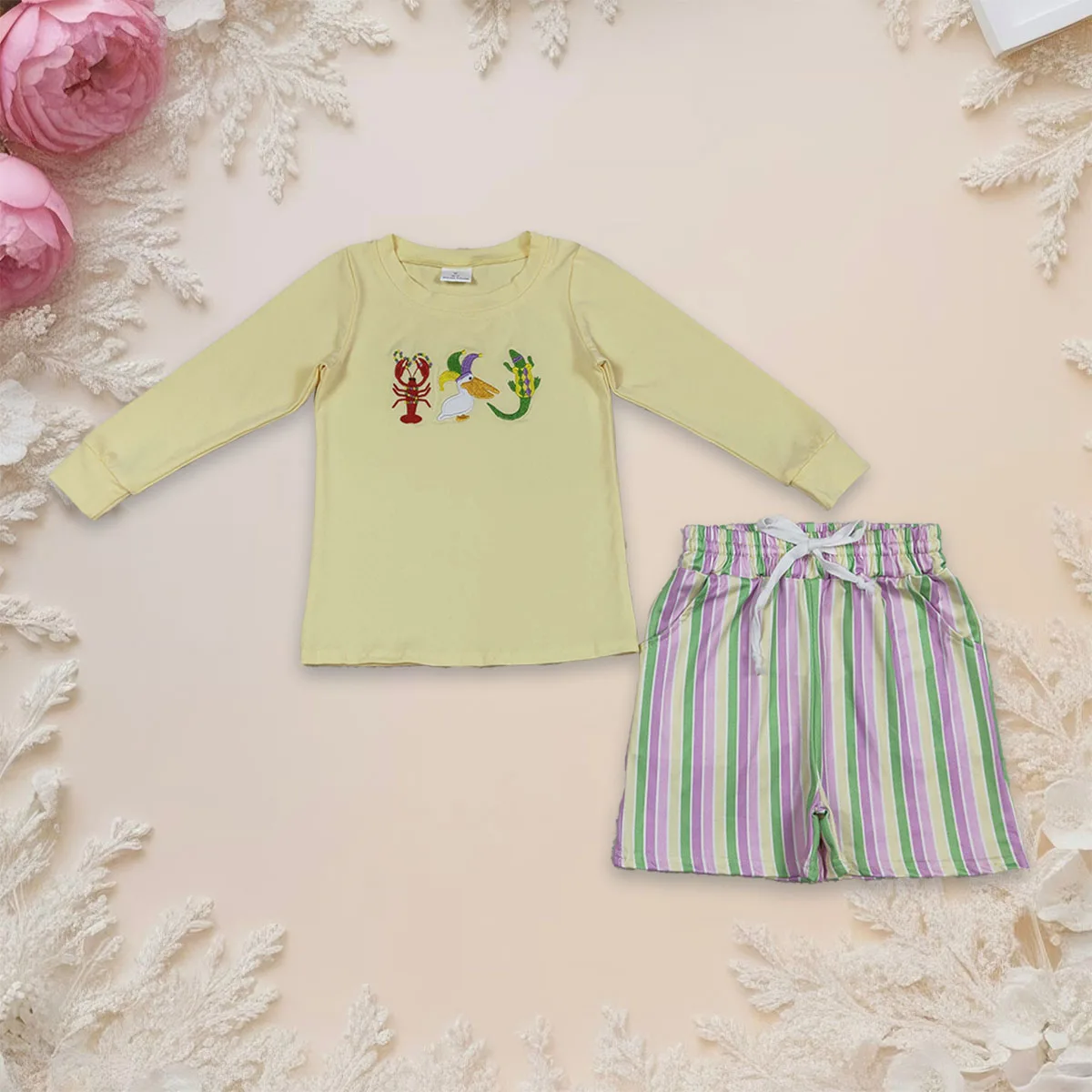 

Toddler Baby Boy Long Sleeve Embroidery Crayfish Top Shirt Kids Sets Children Pockets Shorts Outfit 2Pcs Clothing Wholesale