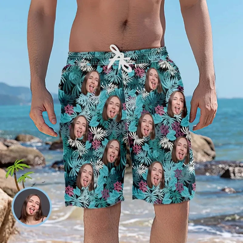 Men's Custom Face Photo Beach Shorts 3d Print Green Leaves Swim Trunks Shorts Summer Plus Size Board Short Pants For Men