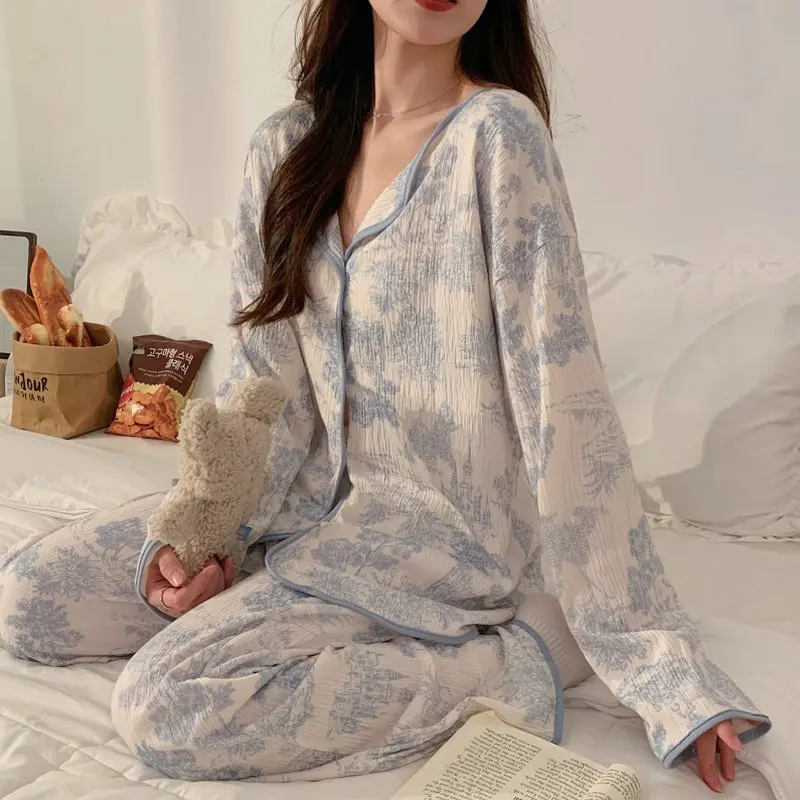 2023 new pajama women\'s spring and autumn cotton long-sleeved large size can be worn out, high-end homewear set