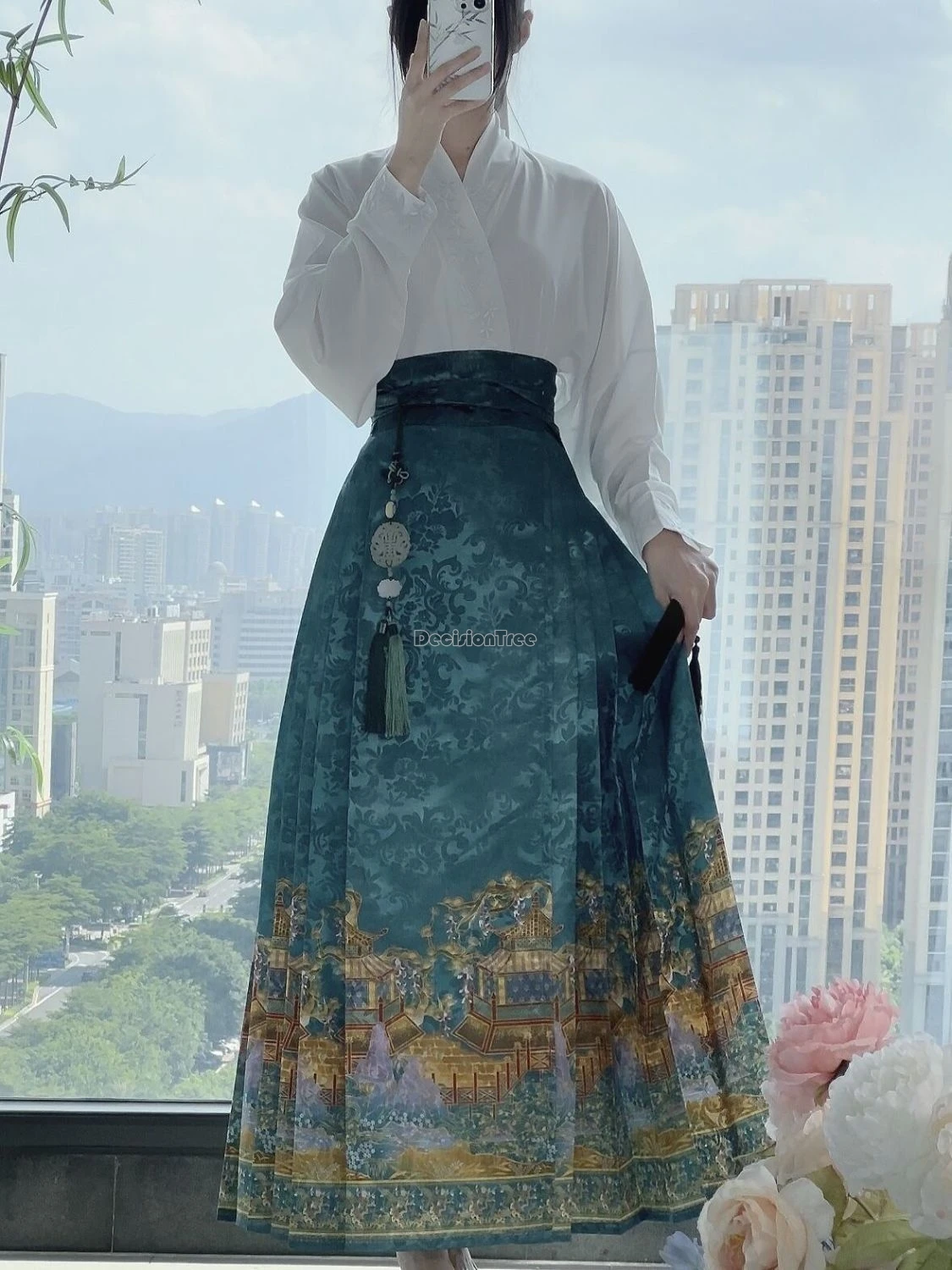 Ropa hanfu jacquard de uso diario, top versátil de cuello cruzado, Falda corta y larga con cara de caballo deslumbrante, estilo ming Chino, 2024